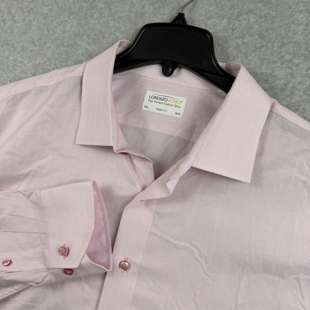 Lorenzo Uomo Dress Shirt Mens 18.5 34/35 (XXL) Pink Trim Fit Long Sleeve Cotton